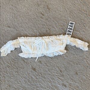 Urban Outfitters White Eyelet Off-Shoulder Smocked Crop Top